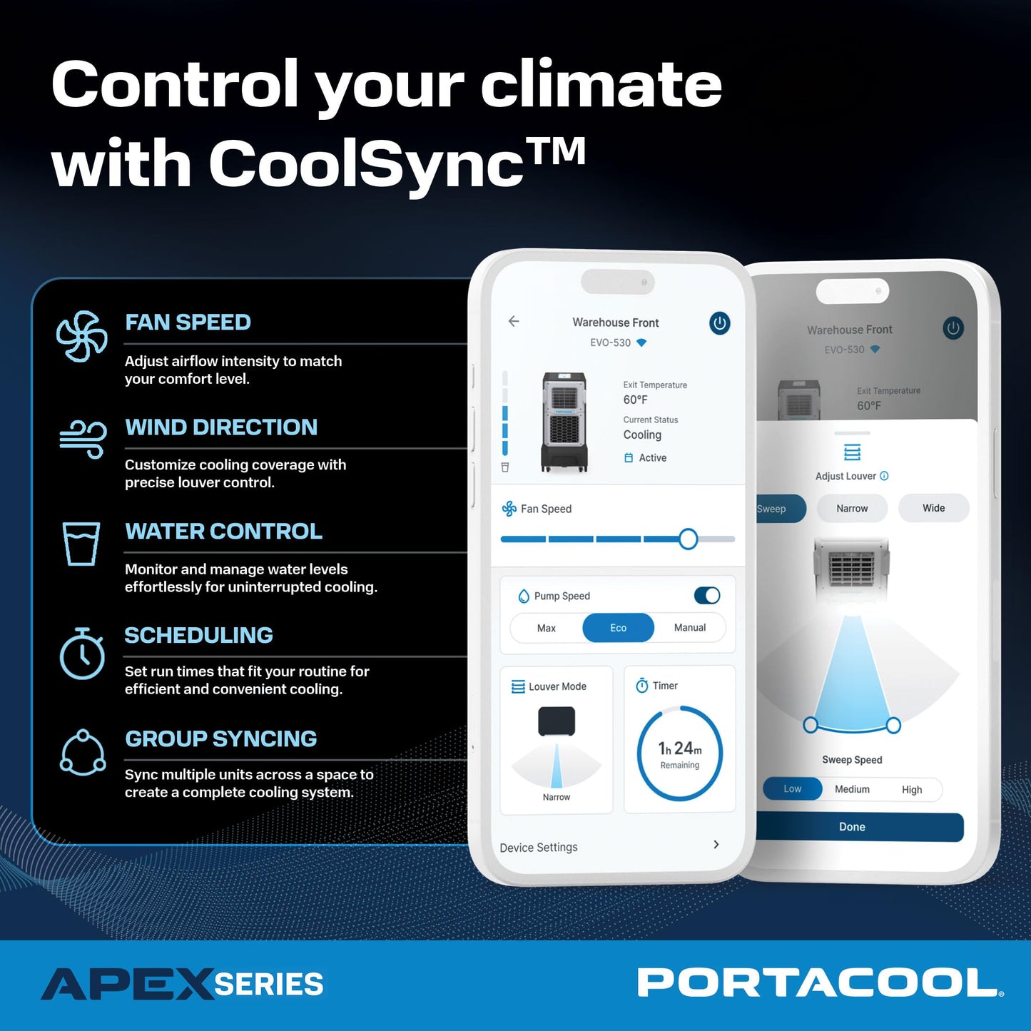 Portacool Apex 4000 (PACA40001A1) – Wi-Fi Enabled High Velocity Portable Evaporative Cooler for 4000 sq. ft. with up to 50-foot Reach, Programable, 55 Gallon Reservoir, Variable Speed