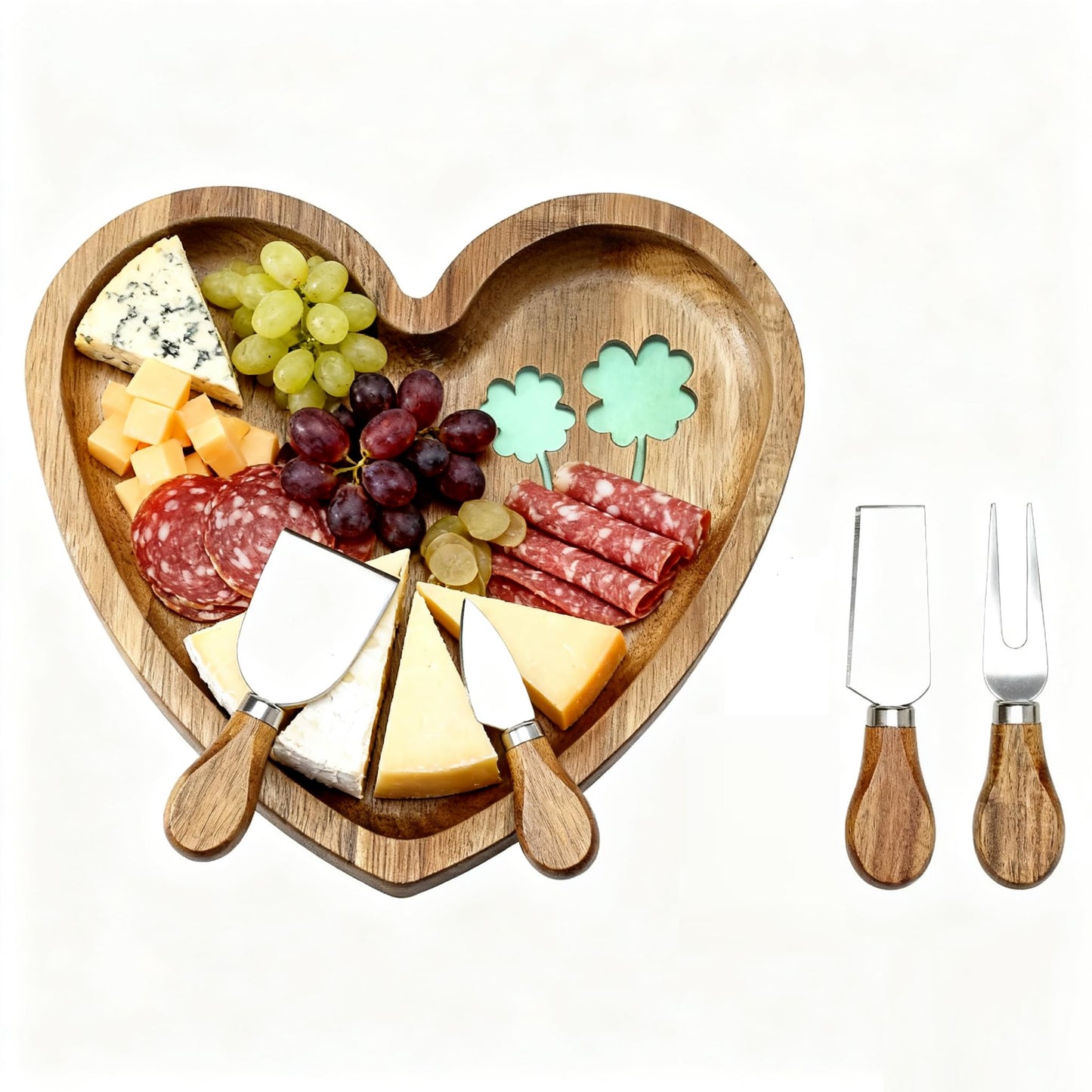 HSHQING Heart Shaped Acacia Wood Cheese Board with 4 Piece Cheese Knife Set, St. Patrick's Day Green Clover Resin Inlay Appetizer Plates Charcuterie Serving Tray for Wine and Cheese Parties