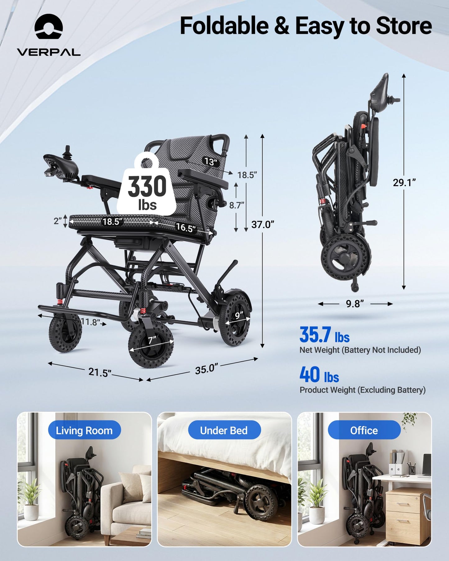 VERPAL 35.7lbs Lightweight Electric Wheelchair, Foldable Electric Wheelchair for Adults, Seniors, 360W Dual Motor Power Wheelchair 20 Miles for Travel, Park Hospital, 330 lbs Capacity-12Ah 18.5" Seat