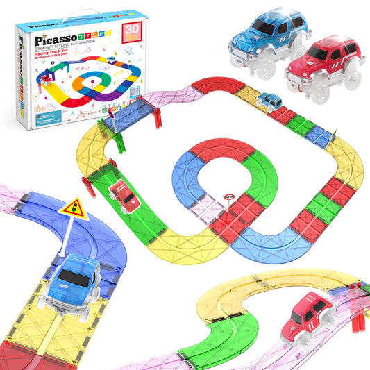 PicassoTiles Magnetic Tiles Race Track Car Thrilling Toy Playset Includes 2 Racing Trucks STEM Educational Magnet Tile Building Block Construction Set for Toddlers Boys Girls Ages 3 and Older PTR30