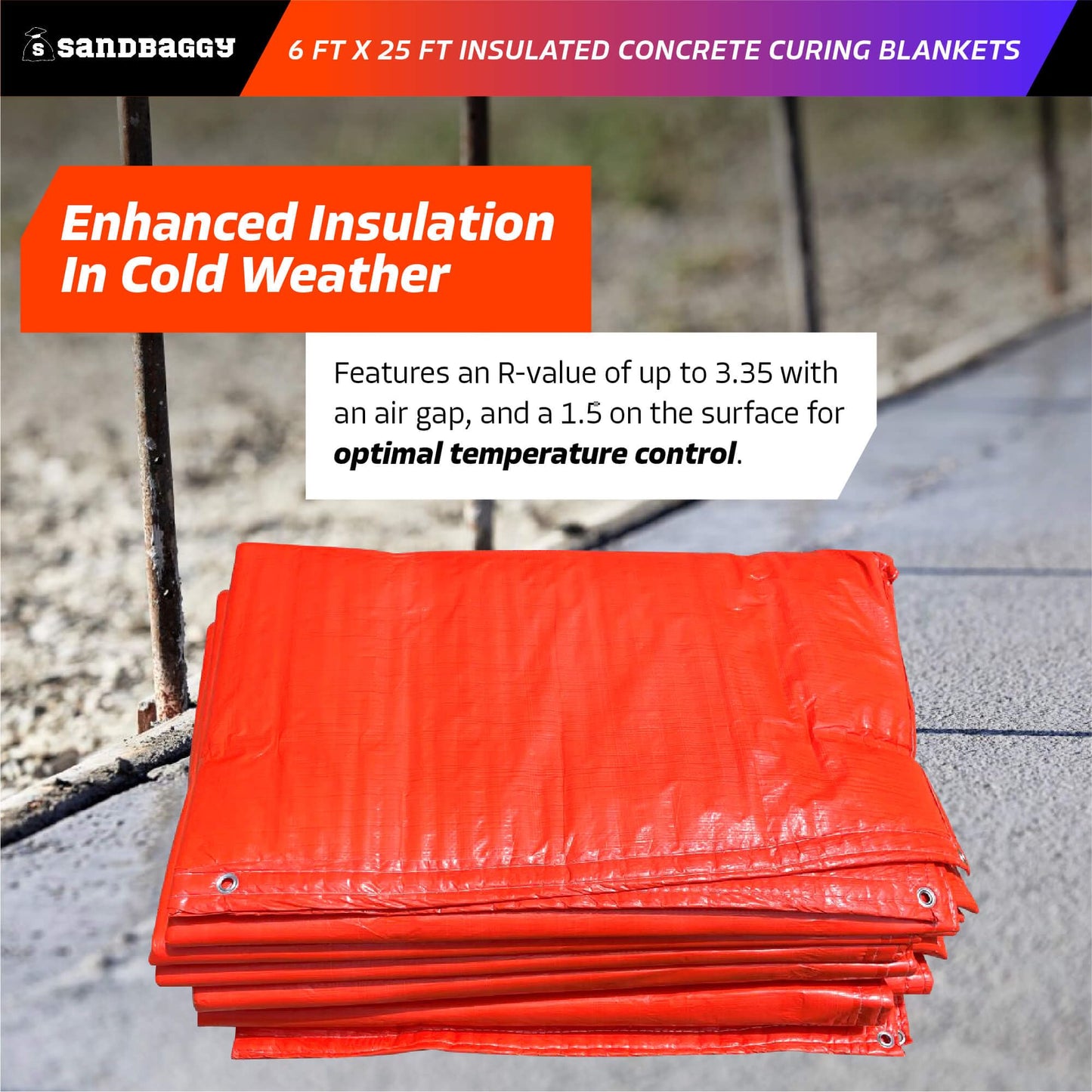 Sandbaggy Concrete Blankets Insulated 6 ft x25 ft with Grommets (max R-Value 3.35) - Waterproof, UV Resistant - Concrete Curing Tarp, Cement (5, 6 ft x 25 ft)