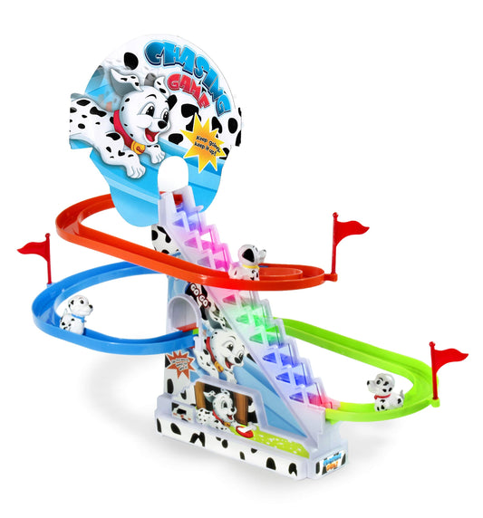Dalmatian Puppy Slide Toy Set: Playful Stair Climbing Puppies for Chase Fun with Sliding Tracks, Music On/Off Switch for Quiet Play | Interactive Puppy Toy for Kids Toddlers Boys & Girls