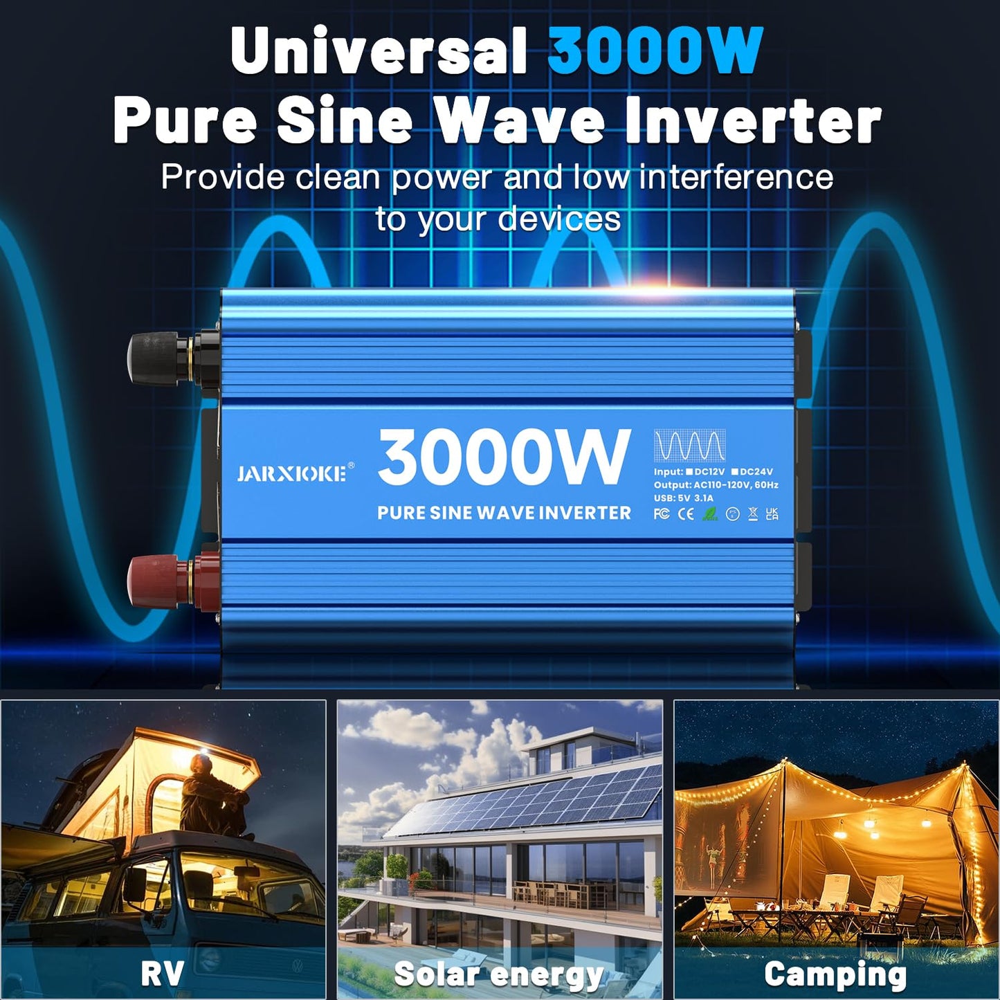 3000 Watt Pure Sine Wave Power Inverter 12V DC to 110V 120V Converter for Home, RV and Off-Grid Solar Systems with 3 AC Outlets, Dual USB Ports, LCD Display and Remote Control