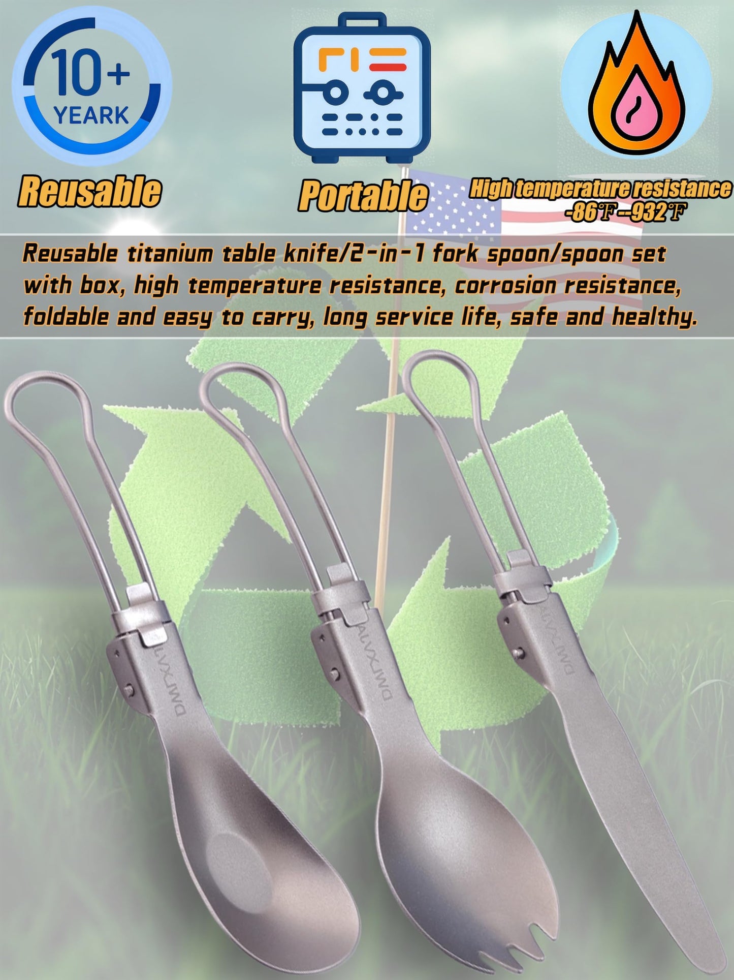 DWLXVJA Titanium Camping Utensils Set, 3-Piece Foldable Spork Spoon Knife with Case, 0.15lb Lightweight Travel Flatware for Backpacking Outdoor Hiking Office Lunch, Reusable Eco-Friendly Gift