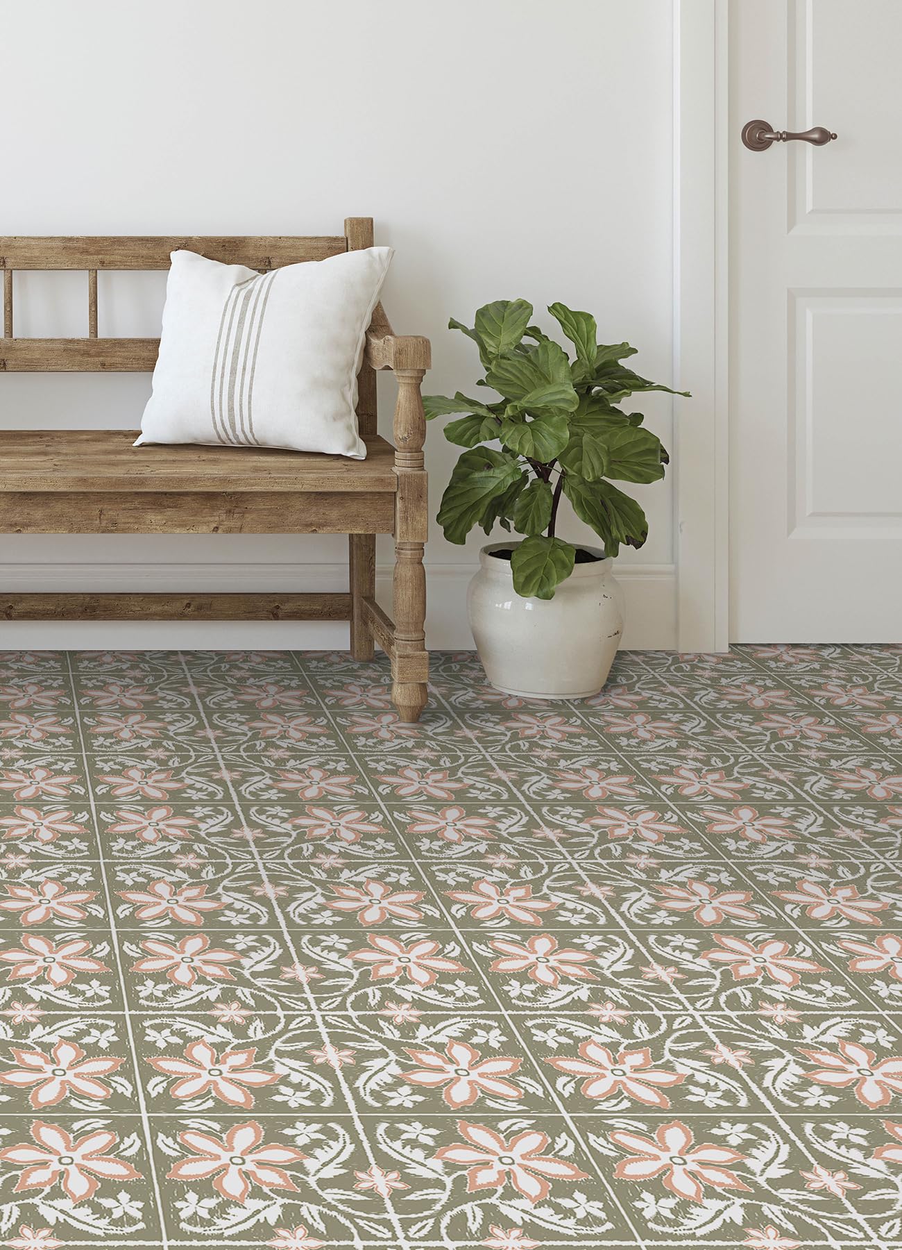 FloorPops Lillium Green Peel and Stick Floor Tiles, Green Floral Removable Vinyl Flooring, Self Adhesive Floor Tiles for Kitchen Bathroom Entryway