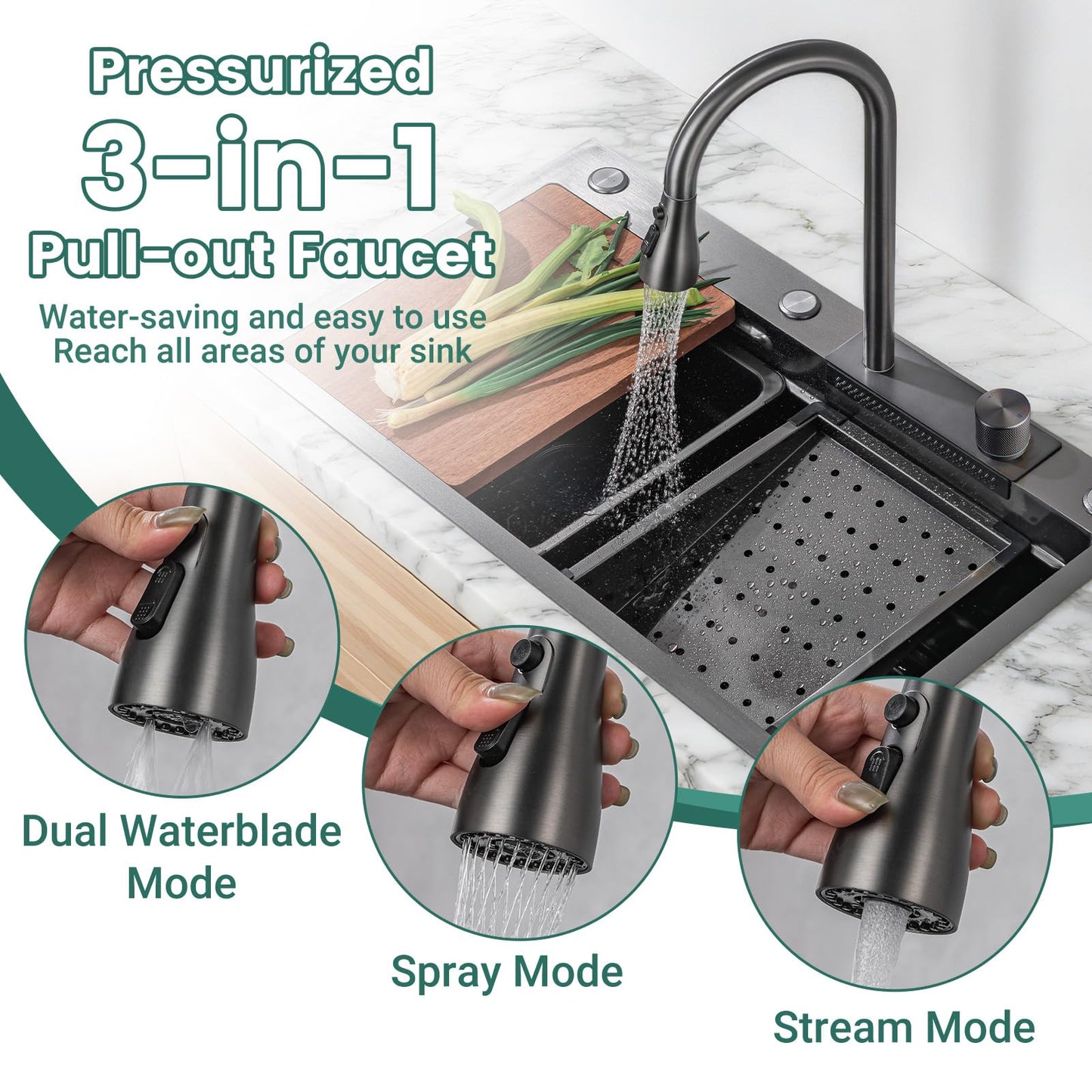 30Inch Kitchen Sink with Faucet Combo Waterfall Black Stainless Steel Waterfall Sink Kitchen Countertop Multi-Functional Sinks Farmhouse Undermount or Countertop Drop in