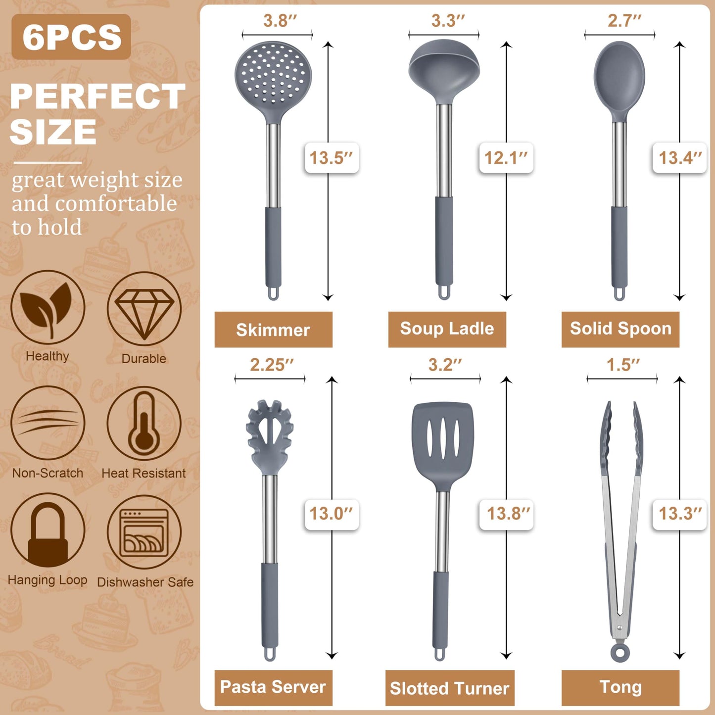LIANYU Silicone Cooking Utensil Set, 6Pcs Heat Resistant Kitchen Utensils Set, Non-stick Stainless Steel Handle Spatula Tools, Dishwasher Safe, Grey
