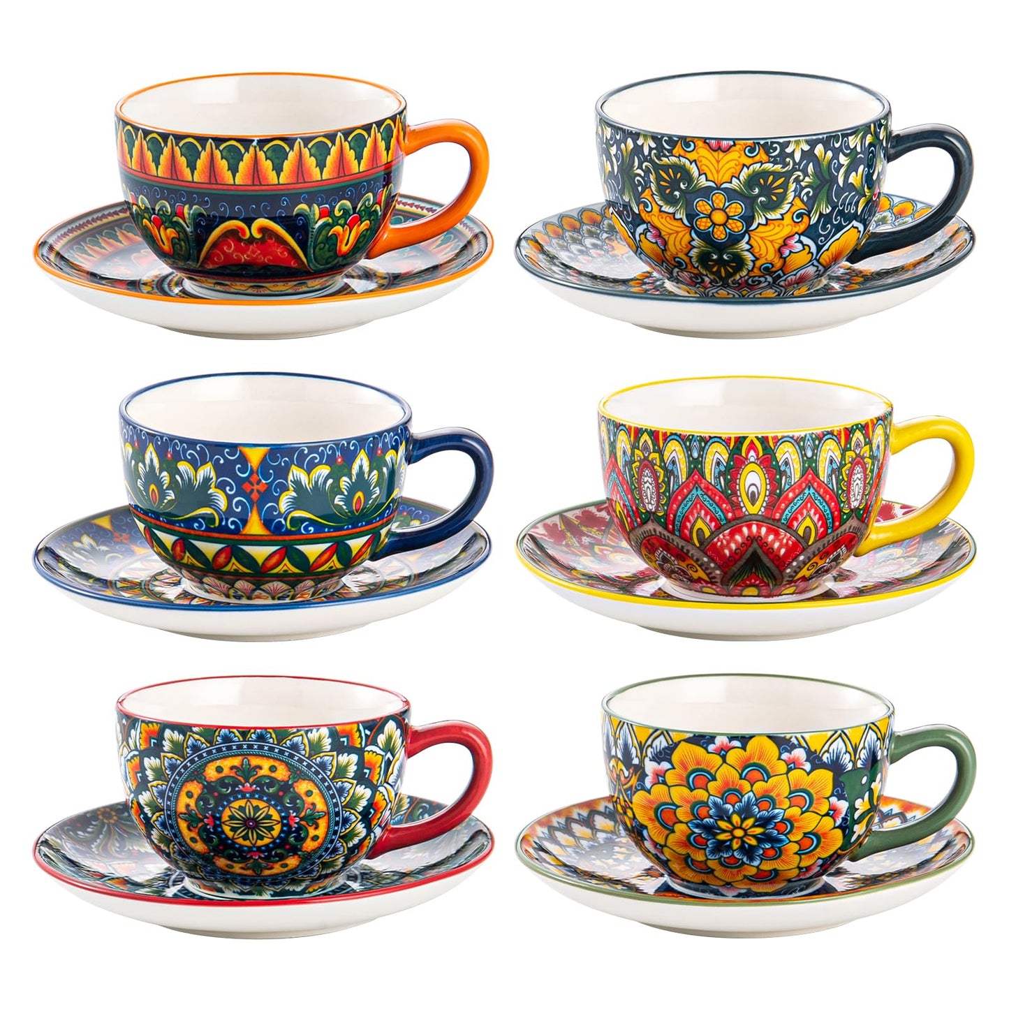 Henten Home Ceramic 8.5 oz Tea Cup Set, Latte Cup with Saucers Set of 6, Boho Style Cup for Cappuccino, Coffee, Hot Cocoa, Espresso, Microwave & Dishwasher Safe