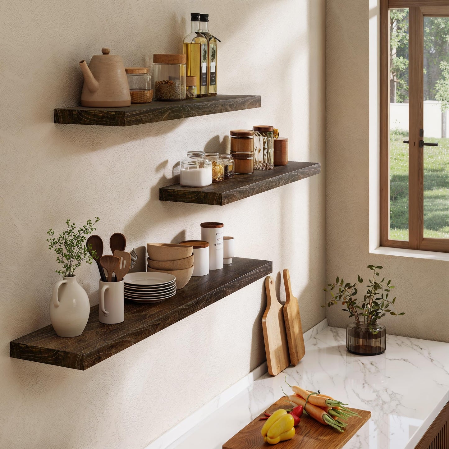 Dreamland Rustic Elm Woood Floating Shelves for Wall Decor, 30" W x 8" D x 1.5" H Floating Shelves Set of 2, Wall Mounted Deep Wooden Shelf for Living Room, Bedroom, Kitchen, Bathroom, Walnut