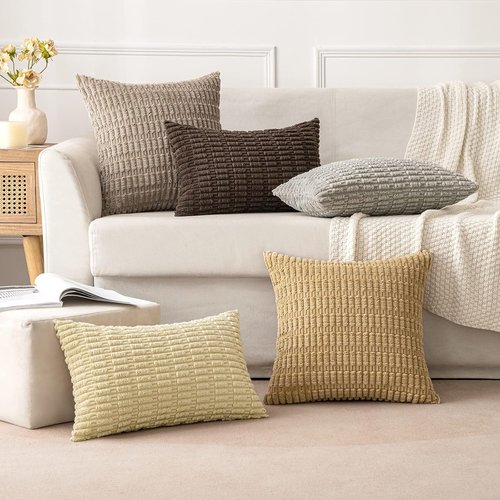 MIULEE Euro Sham Pillow Covers - Soft Boho Striped Corduroy | 22x22 Inch Light Brown Decor for Sofa & Bed
