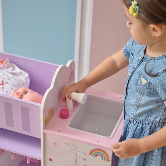 Olivia’s Little World Fantasy Care Doll Nursery 6-in-1 Unicorn Themed Baby Station with Cradle, Washer, High Chair, Sink & Closet with 3 Wooden Hangers for Pretend Play, for Girls Ages 3 and Up