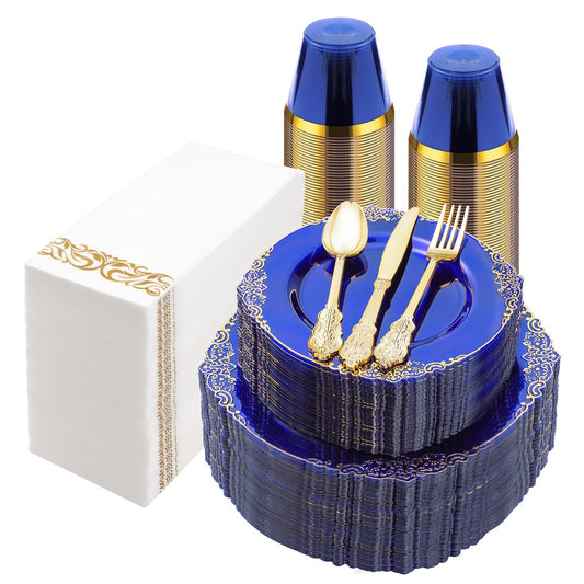 Bestluck 350PCS Clear Blue Plastic Plates for 50 Guests, Disposable Plates with Gold Trim include 50 Dinner and Dessert Plates, 150 Gold Silverware, 50 Cups, 50 Napkins for Party, Wedding & Graduation