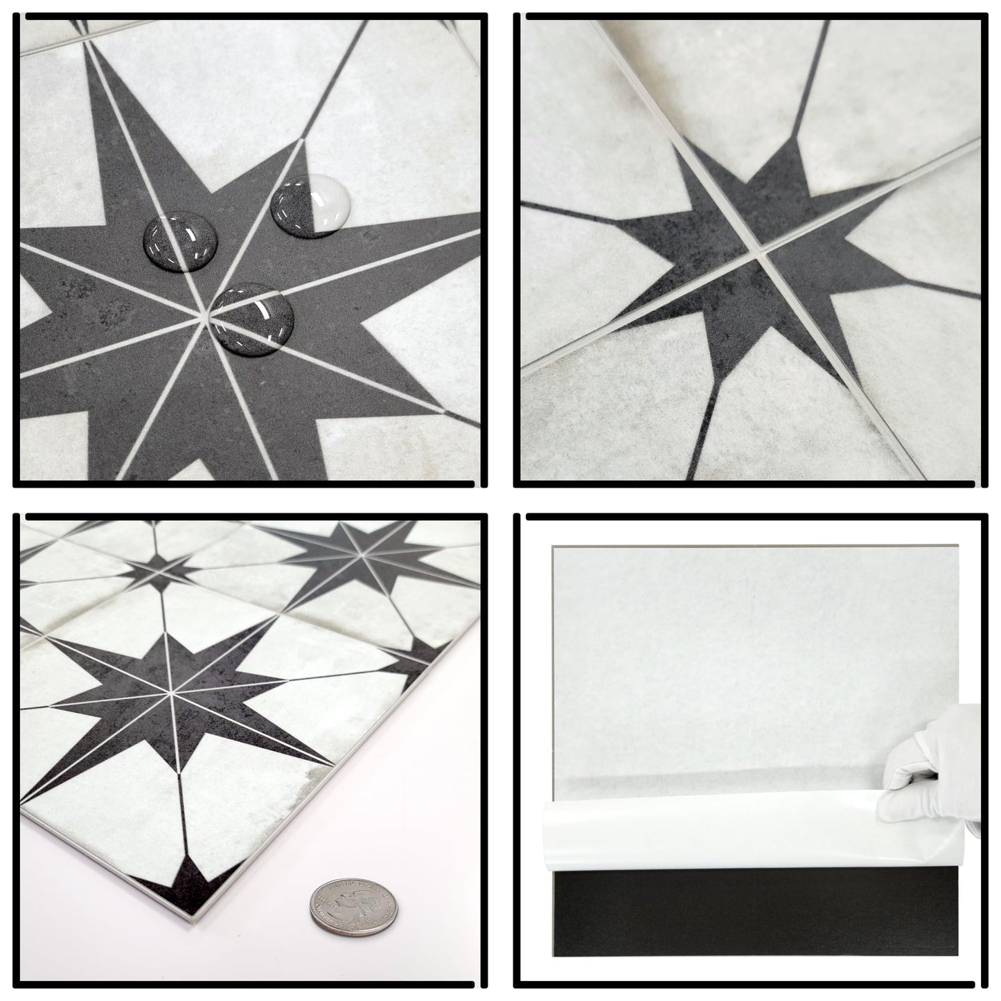 The Tiles Plaza Encaustic Peel and Stick Backsplash, Black Star Patterned Vintage Stick on Tiles, Stone Composite Self-Adhesive Wall Tile Sticker for Kitchen Bathroom Fireplace Stairs, 10 Sheets