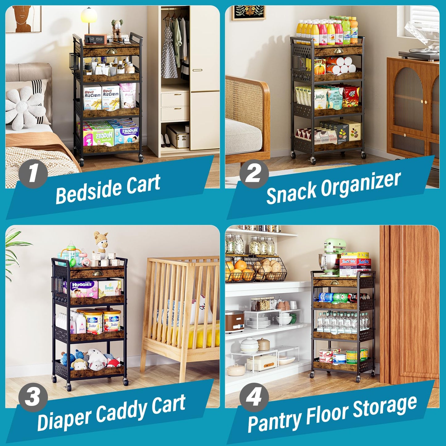 DYUTFZU 4-Tier Rolling Cart Organizer, Industrial Aesthetics Wood & Metal Utility Storage Cart with Pegboard, Drawer, Hanging Basket & Hooks for Kitchen, Craft Room, Bedroom, Bathroom, Coffee Station
