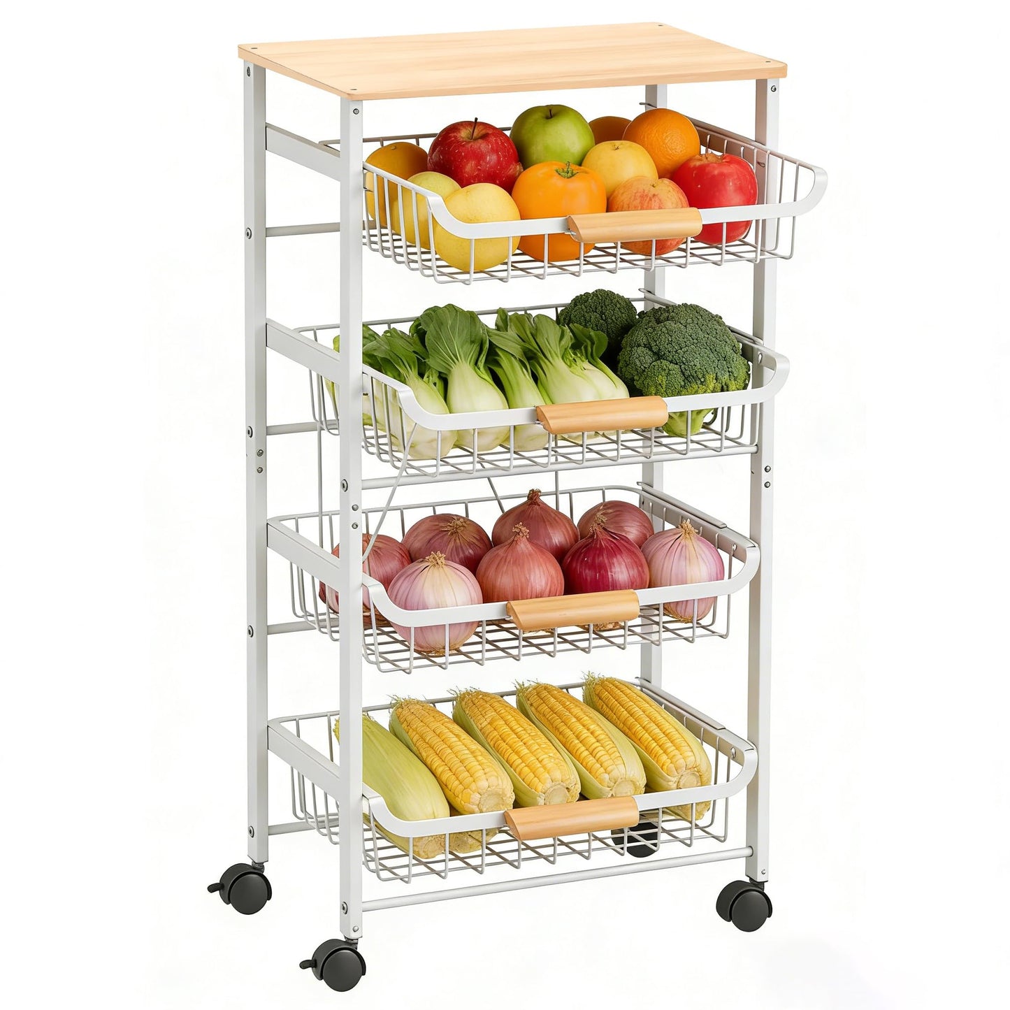 ULIKEUS 5-Tier Rolling Pantry Floor Storage Cart with Wheels&Wood Top, Large Capacity Kitchen Organization Fruit Wire Basket Stand for Pantry, Bathroom, Living Room,White