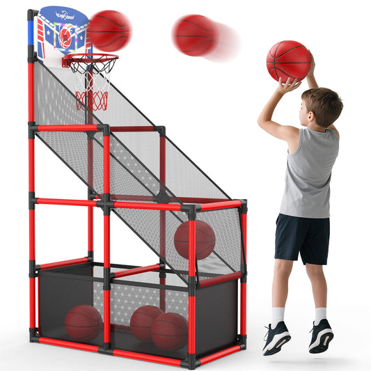 EagleStone Kids Adjustable Arcade Basketball Hoop with LED Lights & Scoreboard, 4 Balls Ball Storage Net, Indoor Outdoor Carnival Basketball Game Set for Boys & Girls Ages 3-12, Pump Included