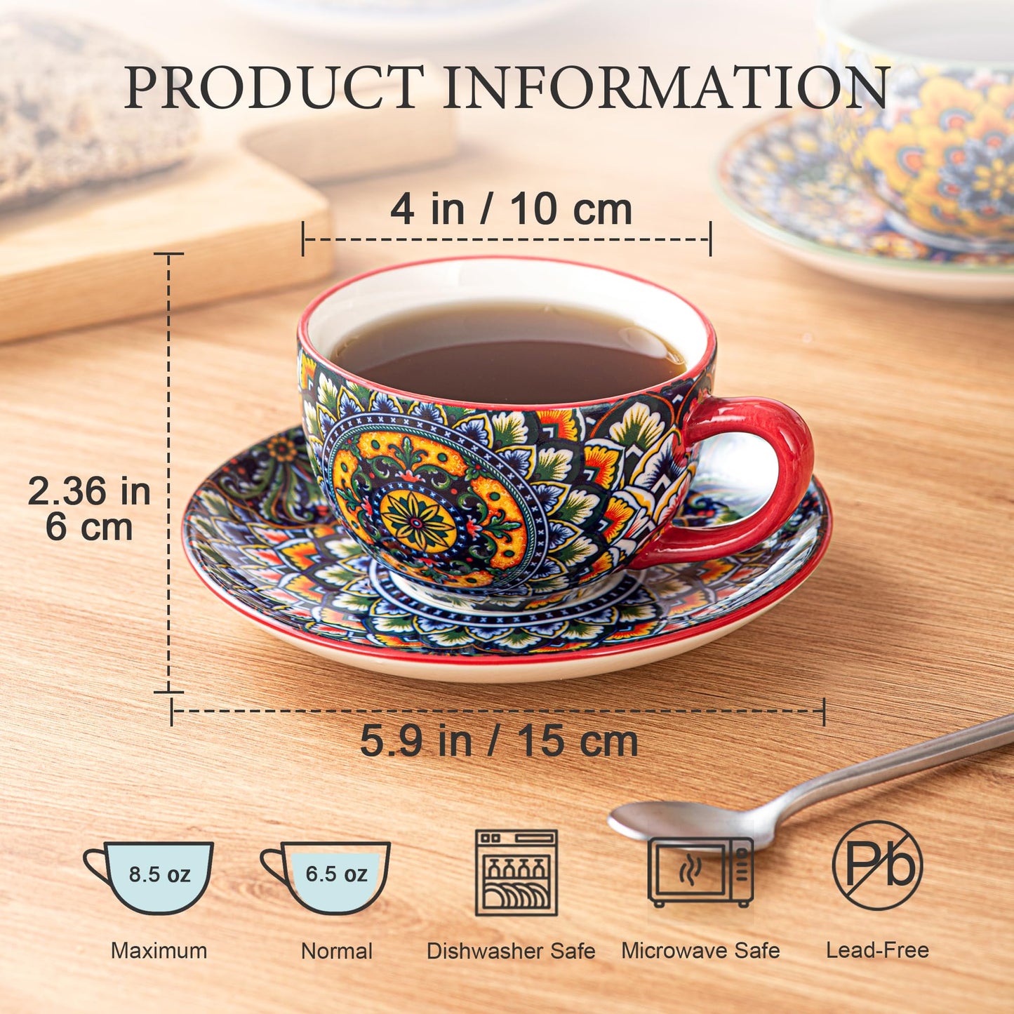 Henten Home Ceramic 8.5 oz Tea Cup Set, Latte Cup with Saucers Set of 6, Boho Style Cup for Cappuccino, Coffee, Hot Cocoa, Espresso, Microwave & Dishwasher Safe