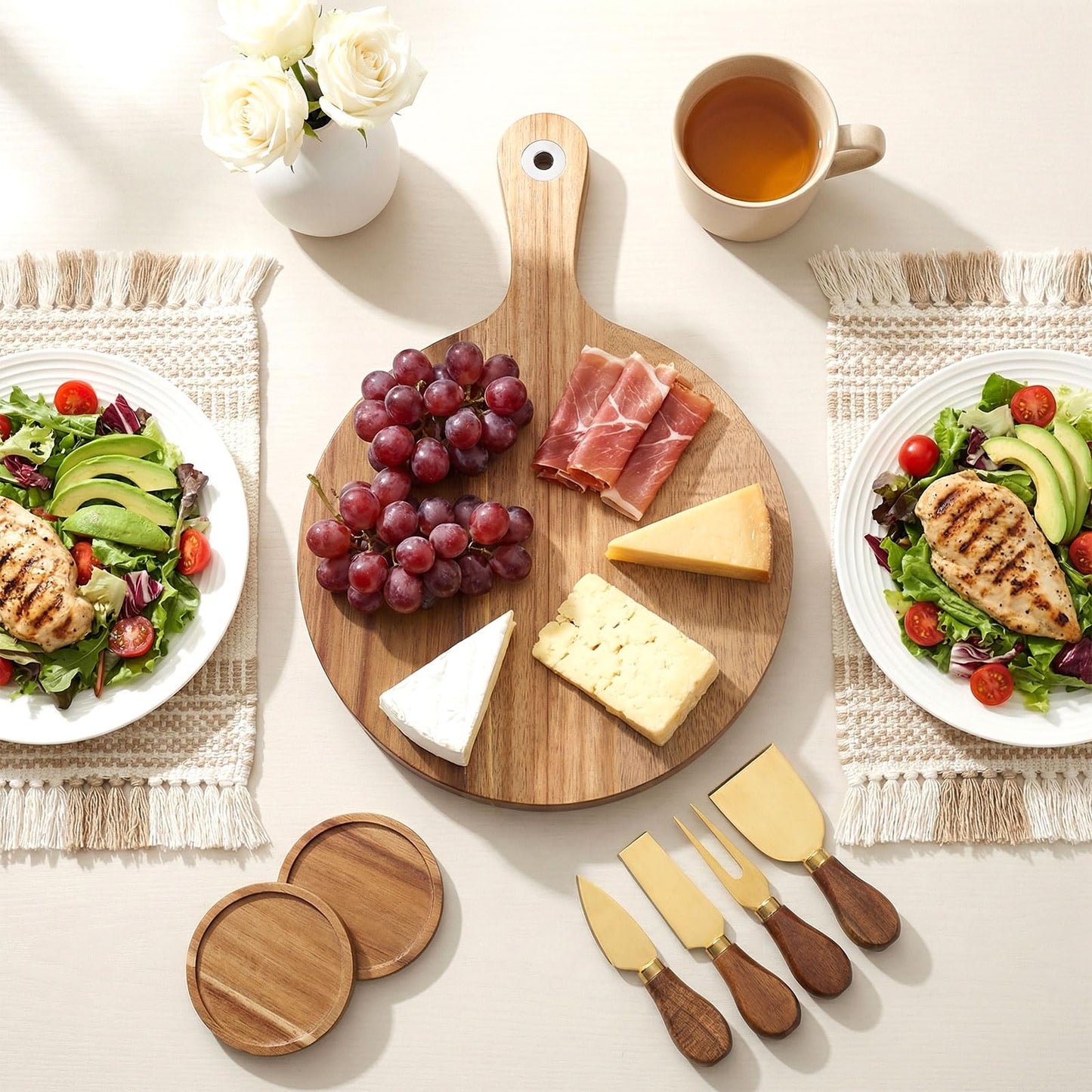 Didaey Acacia Cheese Board and Knife Set Including Stainless Steel Cheese Tools with Slicer and Cutters for Platter Cutting Serving Plate Tray Housewarming Wedding Gift