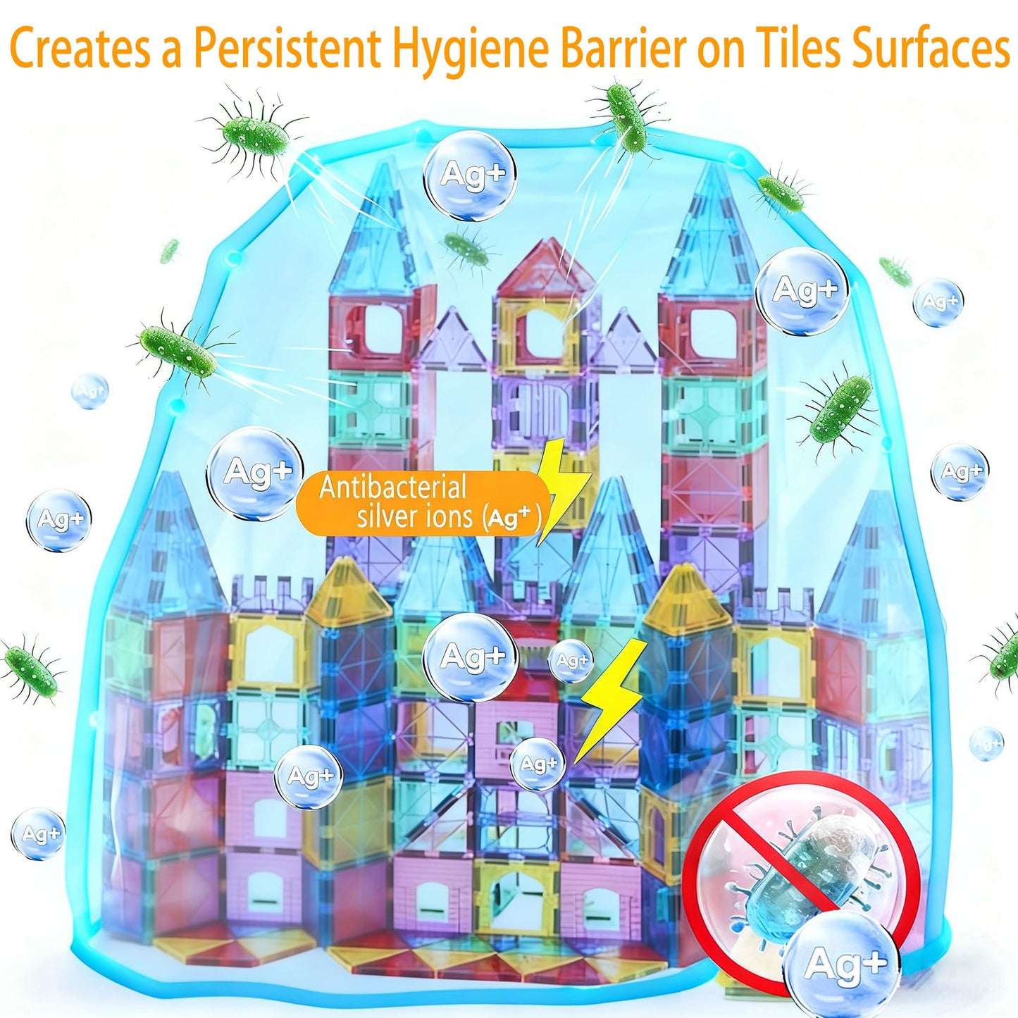 HAPPYMATY Upgraded Antibacterial Magnetic Tiles 124PCS, Including 4 Large Square Tiles, Magnetic Building Blocks, Inhibits Bacterial Growth for Healthier and Safer Play, STEM Educational Toys Set