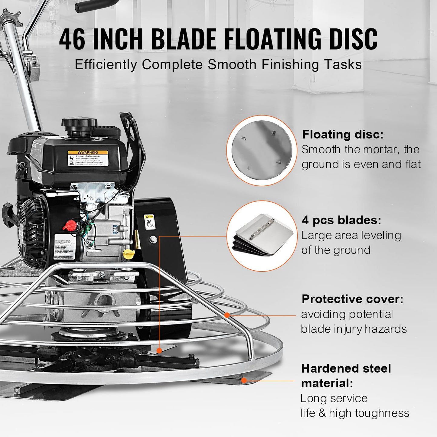 VEVOR Power Trowel 46 inch, 14HP Gas-Powered Smooth Concrete with Float Pan, Heavy Duty Commercial Screed Concrete Cement with Finishing Blade