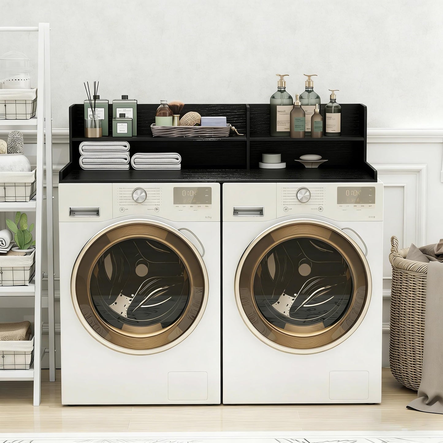 Desility 2 Tier Washer Dryer Countertop with Shelf, 54.7" W X 28.3" D Laundry Countertop with Non-Slip Pad, Wooden Washing Machine Topper for Folding, Sorting & Ironing, Black