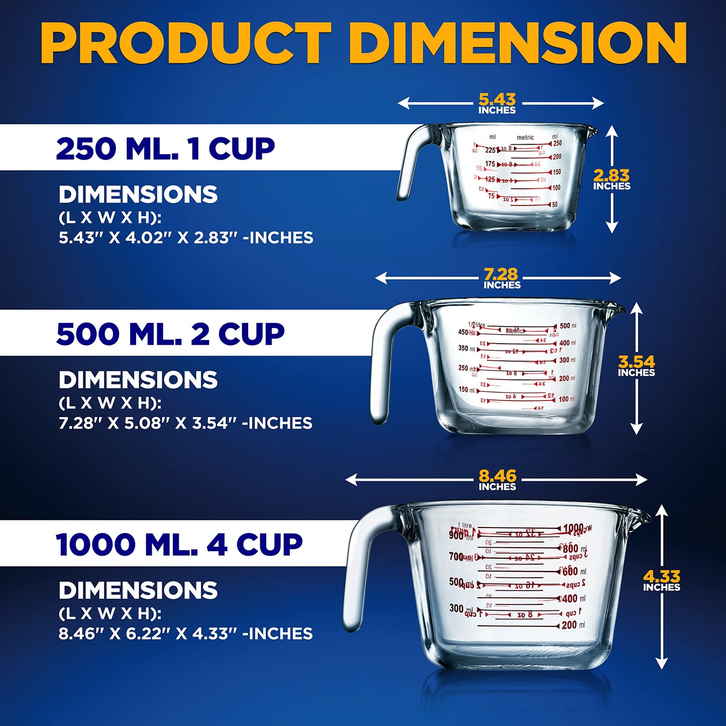 NutriChef 3 Pieces Measuring Cups - BPA-Free Premium Heat Resistant Borosilicate Glass Measuring Cups w/ Handle, Precise Measurement w/ Oz & Ml Scale, in 250ml 500ml & 1000ml, Microwave & Oven Safe