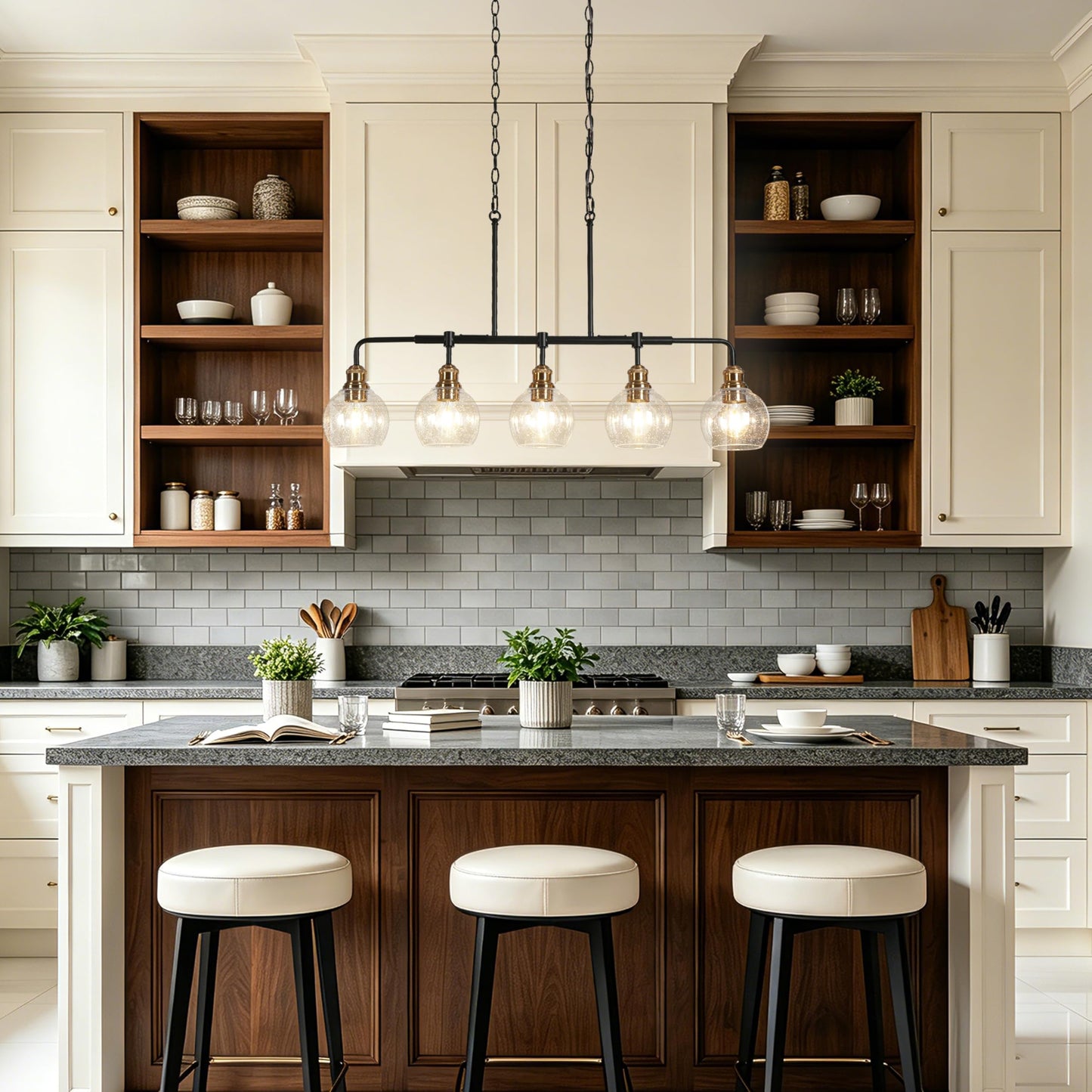 KSANA 5 Light Kitchen Island Lighting, Mid-Century Modern Linear Chandelier Black and Electroplated Copper Dining Room Light Fixtures with Seeded Glass Shade, 39" W