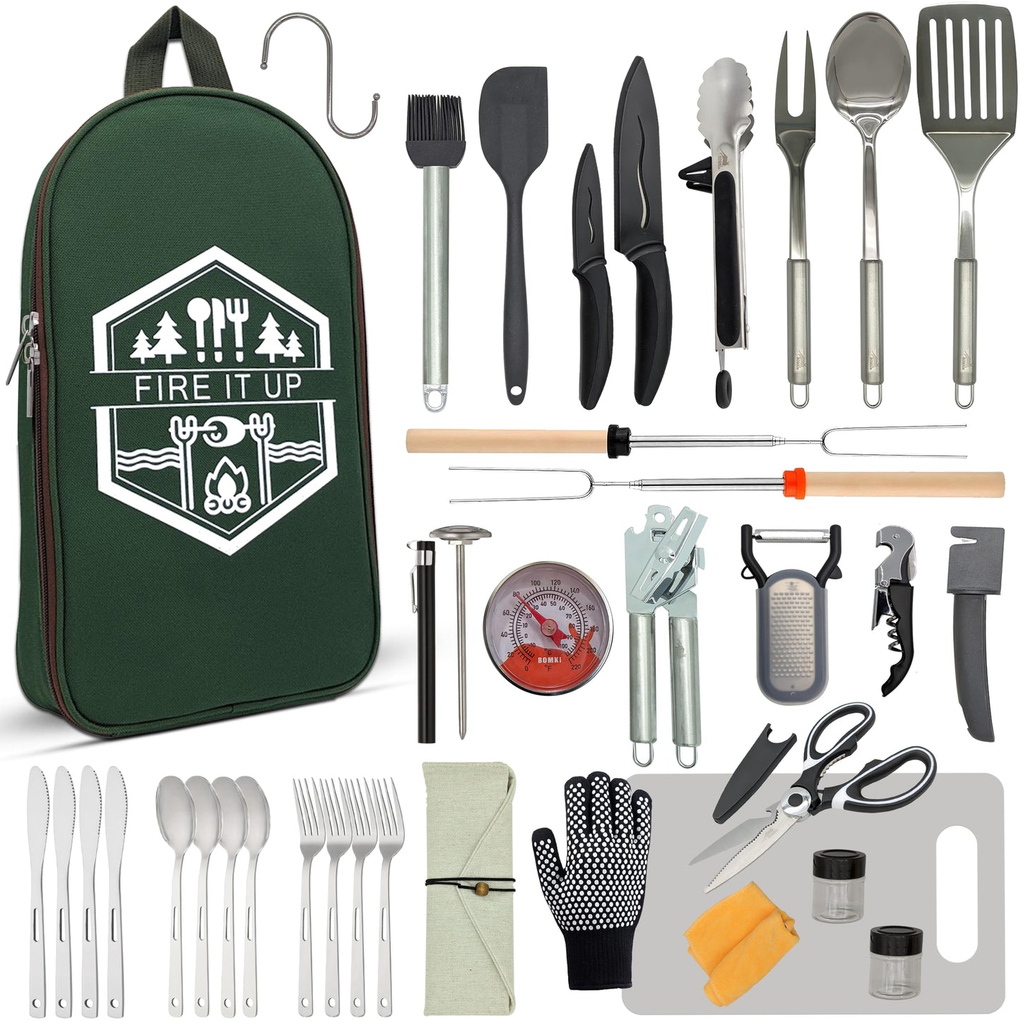 BOMKI Grilling and Camping Cooking Utensils Set for The Outdoors BBQ - Camping Utensil Set Kitchen Set Cookware Accessories Glamping Essentials Camp Stuff Camp Cooking Set (Green Pro)