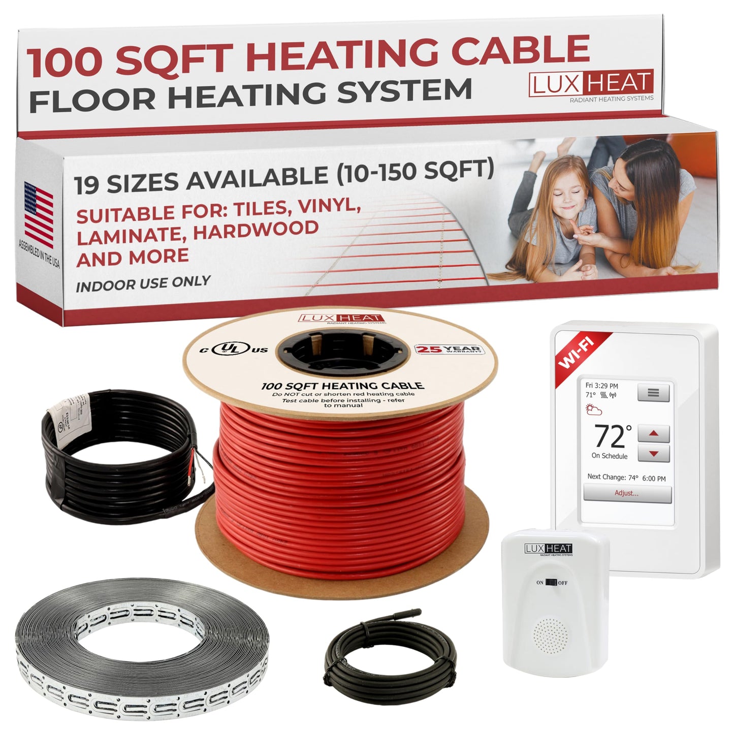 LuxHeat 100sqft Floor Heating Cable Kit - 120v Infloor Heating System - Heated Flooring System Includes UWG4 WiFi Programmable Thermostat w/GFCI, Floor Heat Cable, Strapping, Flooring Sensor & Alarm