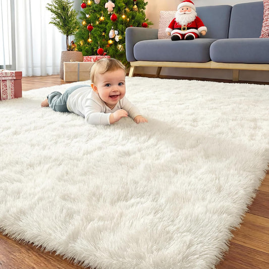 OLANLY Large Area Rug - Soft Fluffy Shaggy Carpet for Living Room & Bedroom | 6x10 ft, Ivory