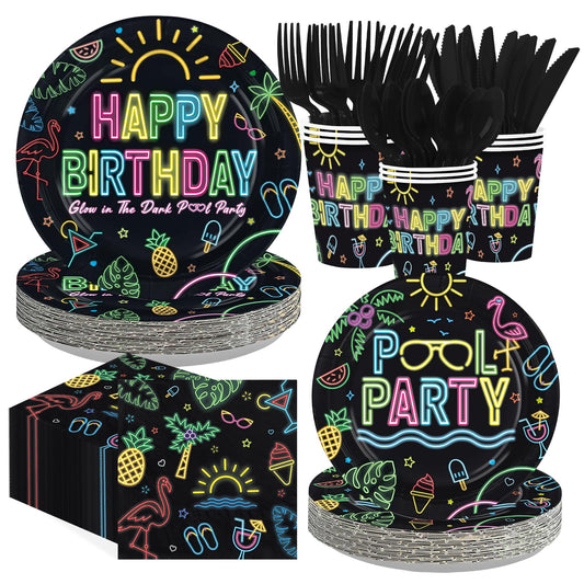 168 Pcs Pool Party Supplies Black Neon Pool Plates Napkins Cups Forks Knives Spoons Tropical Neon Swimming Tableware Set for Boys Girls Birthday Summer Beach Tropical Party Decorations Serves 24
