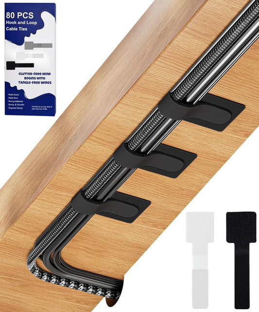 BTPIEL 80PCS Hook and Loop Cable Ties, Under Desk Cable Management, Adhesive Cable Straps, Cord Management Hider Idea