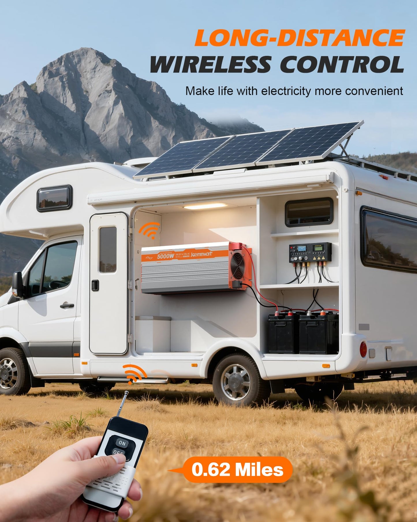 JOEMNWART 5000W Pure Sine Wave Inverter DC 24V to AC 120V Converter, Off-Grid Solar Power Inverters with Built-in 4 USB Ports, Hardwire Port, Remote Controller for Vehicles, Truck, RV, Home