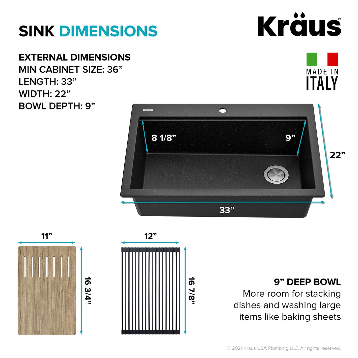 KRAUS Bellucci Workstation 33" Single Bowl Granite Kitchen Sink in Metallic Black w/Accessories, KGTW2-33MBL, Includes Dish Drainer/Dish Drying Rack