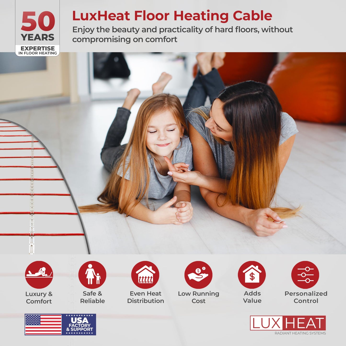 LuxHeat 20sqft Floor Heating Cable Kit - 120v Heated Tile Floor Kit - Heated Flooring System Includes UDG4 Programmable Thermostat w/GFCI, Electric Heat Cable, Strapping, Flooring Sensor & Alarm