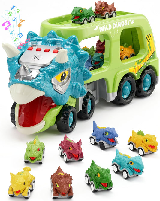Cozycharm 9 in 1 Dinosaur Toys for Boys, Dinosaur Transport Truck with 8 Pull Back Dino Cars, Toys for 3 4 5+ Year Old Toddlers, Birthday for Grandkids, Blue Green