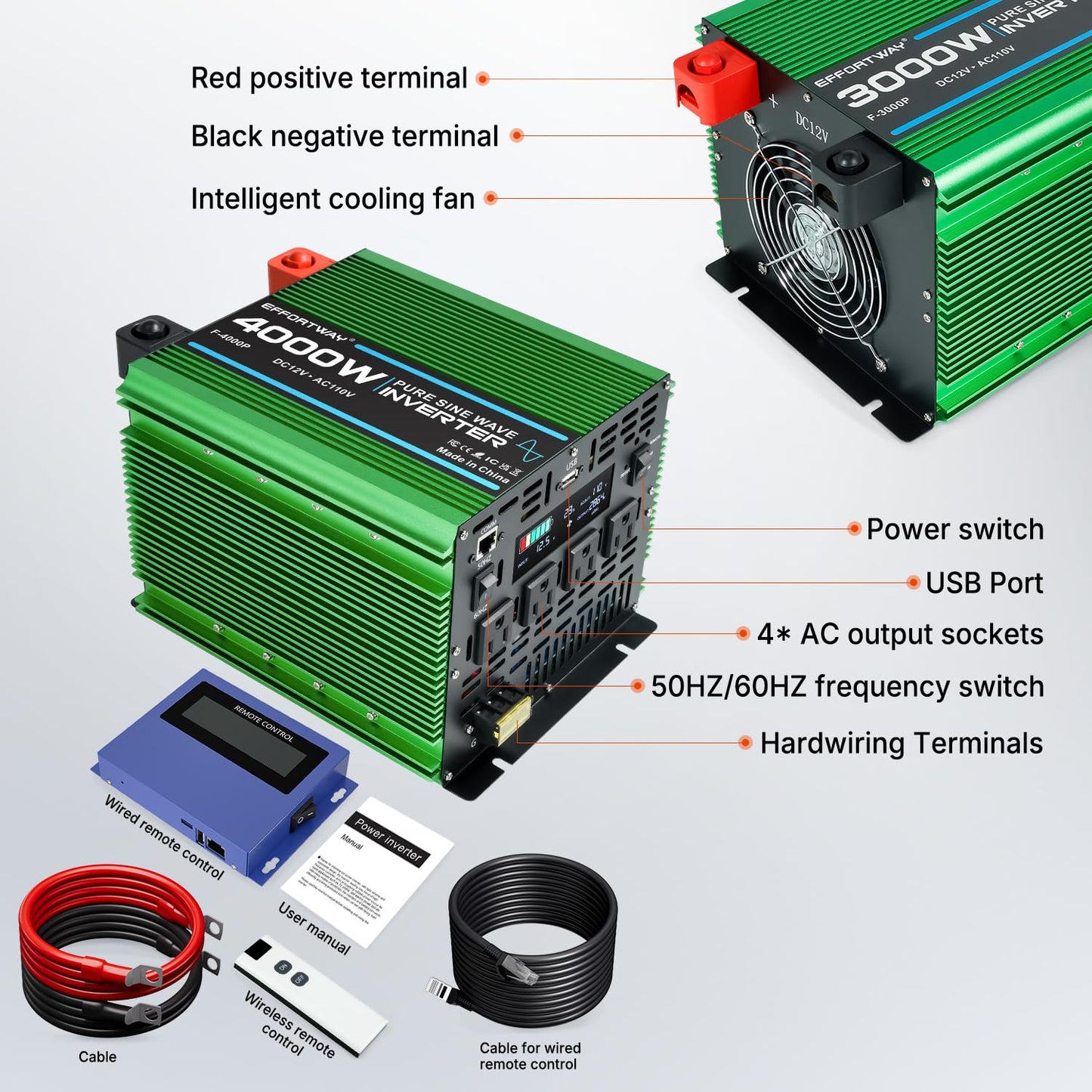 EFFORTWAY 4000W Power Inverter, 12V DC to 110V/120V Pure Sine Wave Inverter with 4 AC Outlets, USB Port, Hardwire Port, Remote Controller, Car Power Inverter for RV, Truck, Boat, Camping, Off-Grid