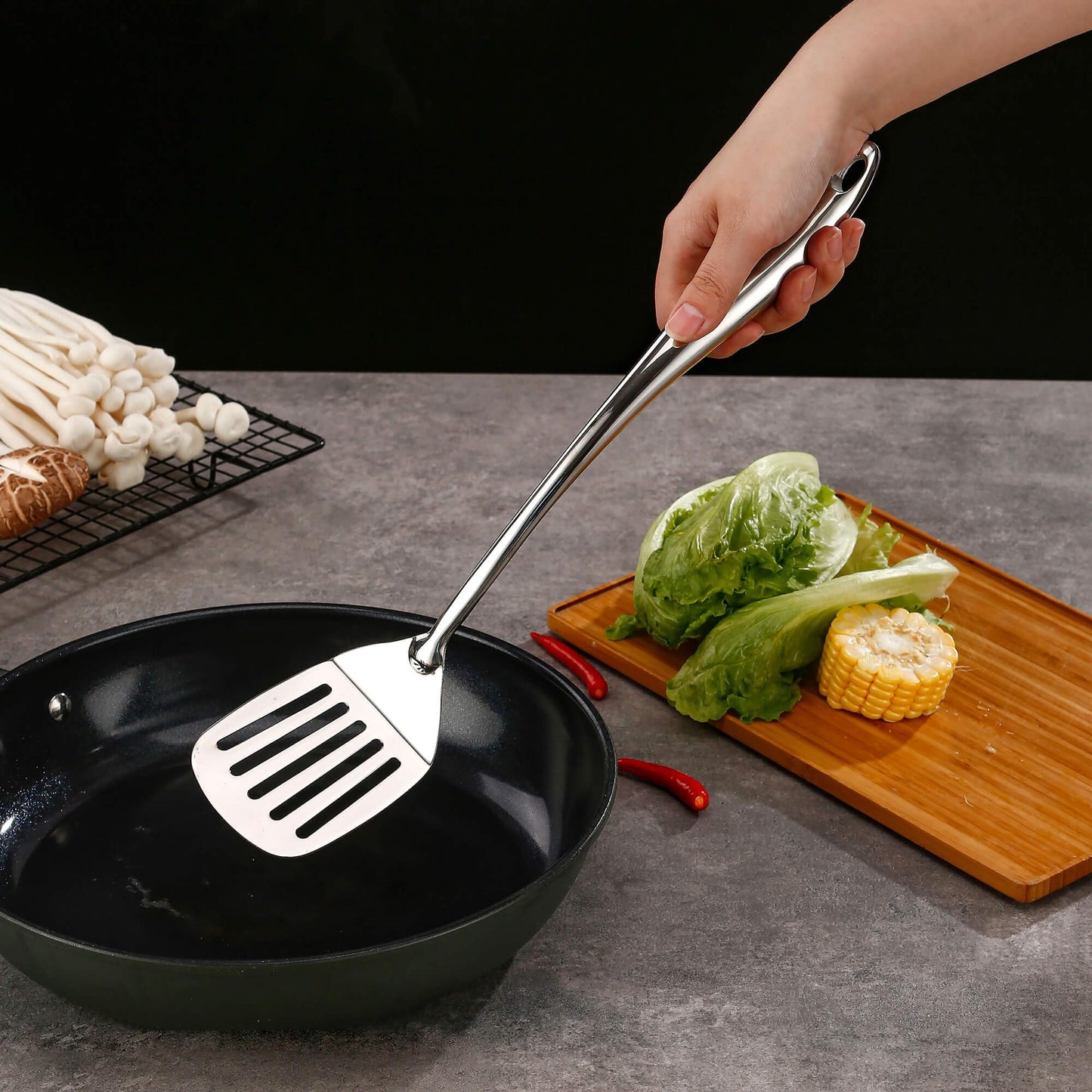 18/10 Stainless Steel Cooking Utensils Set with Holder, 7-Pieces All Metal Kitchen Utensils, 15’’ Long Kitchen Tools with Countertop Rotating Stand, Spatula, Ladle, Skimmer, Tunner, Pasta, Large Spoon