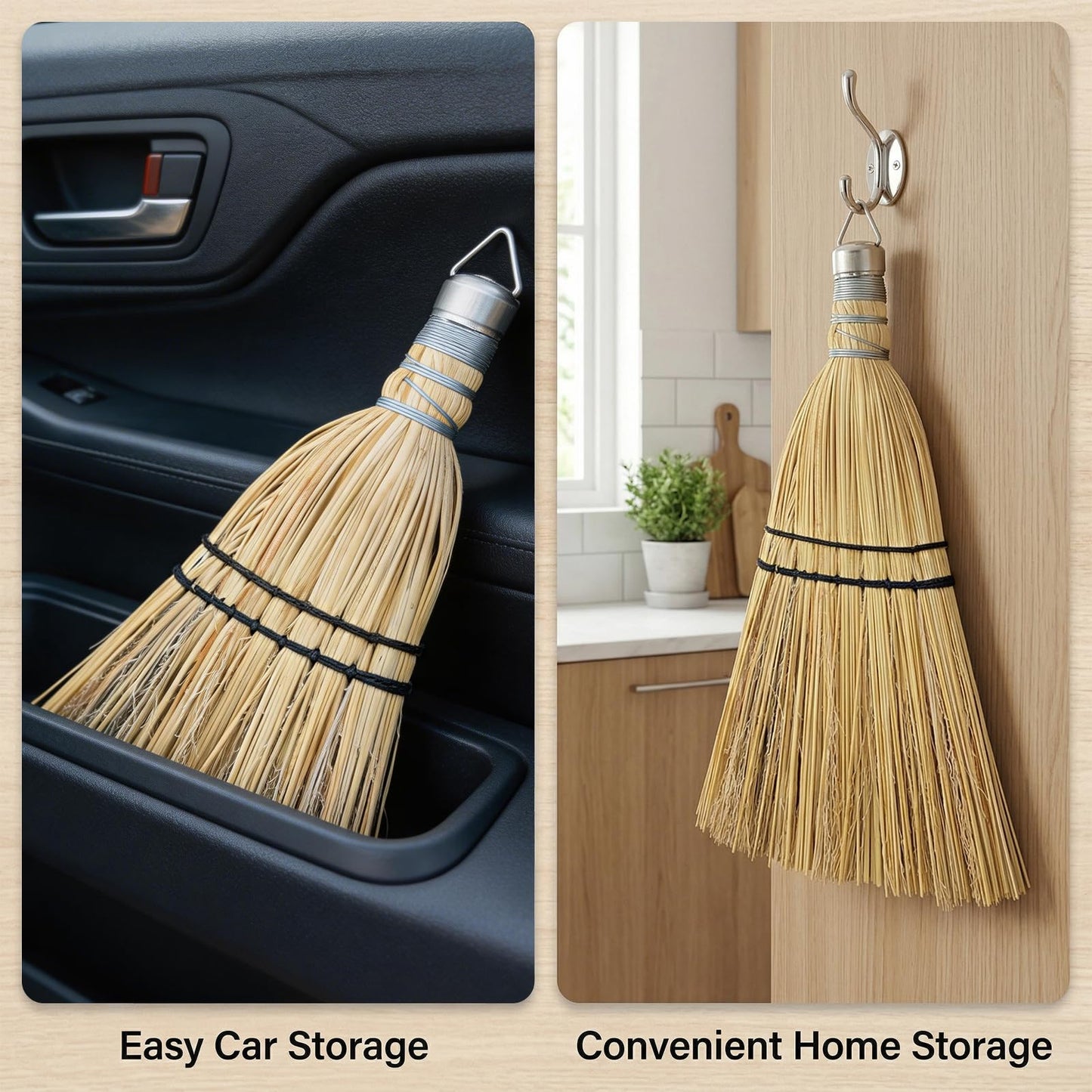 SINZHU Hand Held Whisk Broom 2 Pack, 12" Natural Handmade Corn Mini Broom with Stiff Bristles, Small Straw Sweeping Brush for Fireplace, Car Detailing, Workbench & Farmhouse Decor