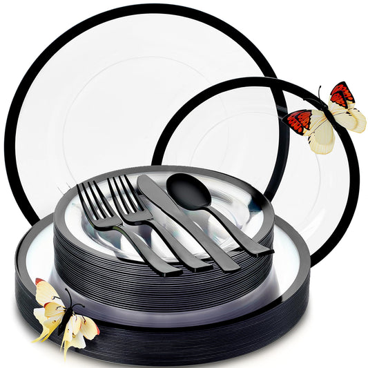 By Madee HEAVYWEIGHT 150 Pcs Clear and Black Plastic Plates and Utensils Set | Fancy Plastic Dinnerware Sets with Gift of 3D Butterflies for Table Decor (25 Guests)