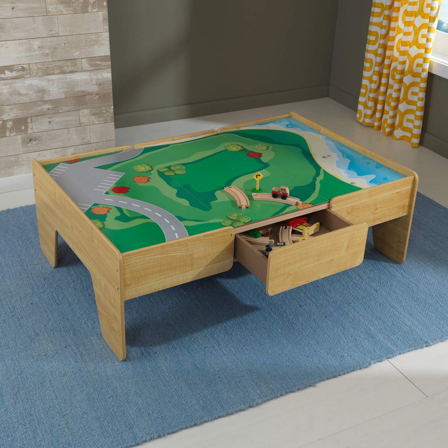 KidKraft Double-Sided Wooden Train and Activity Table with Built-in Storage Drawer, Natural, Gift for Ages 3+
