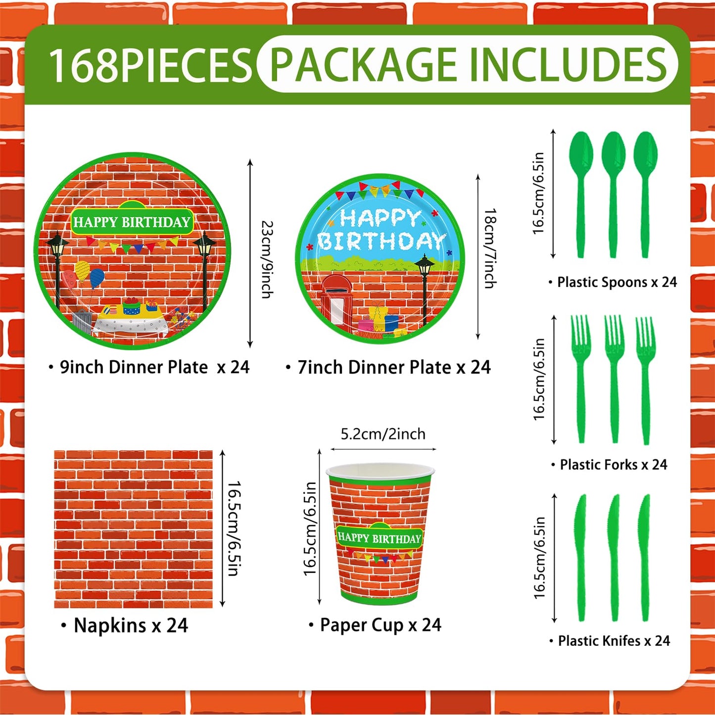 168pcs Red Brick Wall Street Birthday Party Supplies Plates Napkins Paper Cups Disposable Tableware Set Modern Cartoon Street Party Decorations for Kids Boys Birthday Decor Serves 24