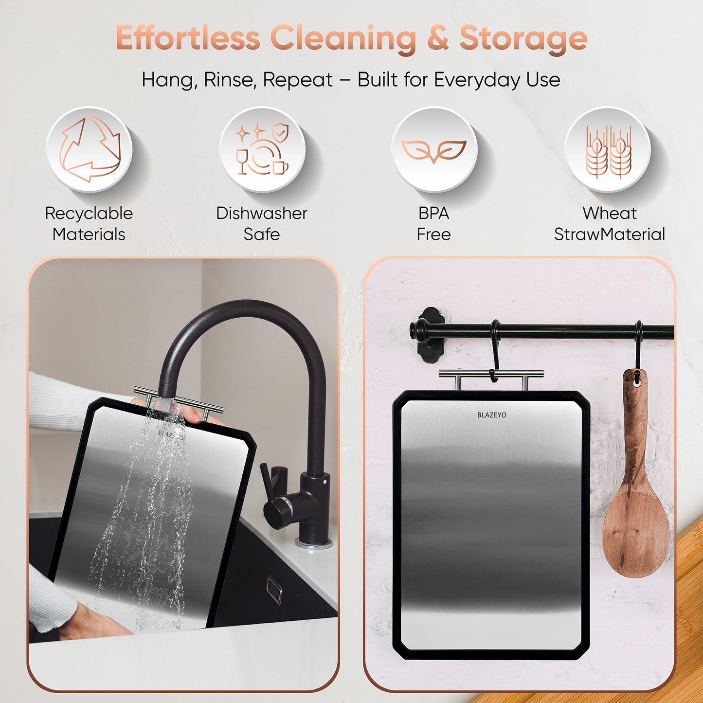 Stainless Steel Cutting Board, Heavy Duty Large 16”×11” 2-in-1 Double Sided Chopping Board for Kitchen, Food Grade Non Toxic Wheat Straw PP & Steel Surfaces, for Meat/Vegetables, Dishwasher Safe