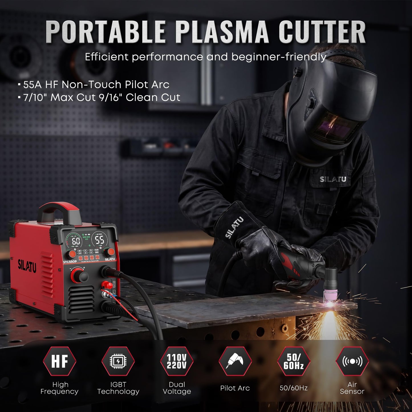 SILATU Plasma Cutter, STC550P 55Amps Pilot Arc Plasma Cutter Machine, 110/220V Dual Voltage LED Display Air Sensor, 9/16'' Clean Cut 7/10'' Max Cut, Mesh Cutting, PT/2T/4T for Beginners DIY (Red)