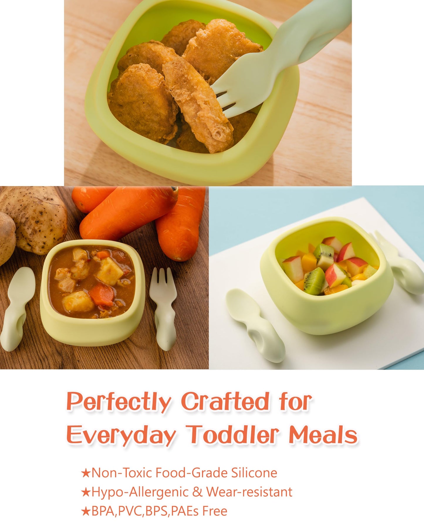 Tiny Genius Toddler Utensils Set Ergonomic Fork and Spoon and Bowl Set Non-Slip Design for baby 1-4 Year Olds Self-Feeding BPA Free Silicone Microwave and Dishwasher Safe Fine Motor Skills (Green)