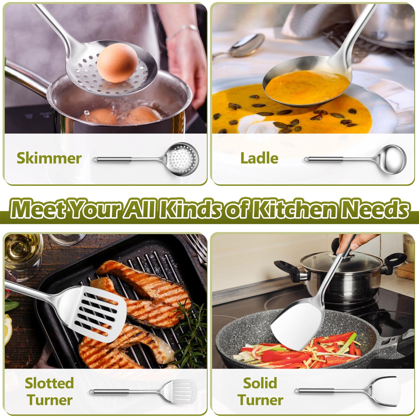 E-far Cooking Utensils Set, 10-Piece Stainless Steel Kitchen Utensils with Holder, Metal Heat Resistant Kitchen Cookware Tool Spatula Set for Cooking, Easy Clean & Dishwasher Safe