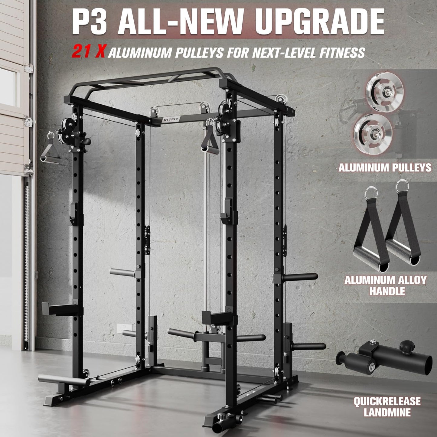 RitFit Multi-Function Power Rack Cage PPC-P3 with Adjustable Cable Crossover System,1200LBS Capacity, Full Home Gym Workout with J-Hook, Landmine and Other Attachments-Black