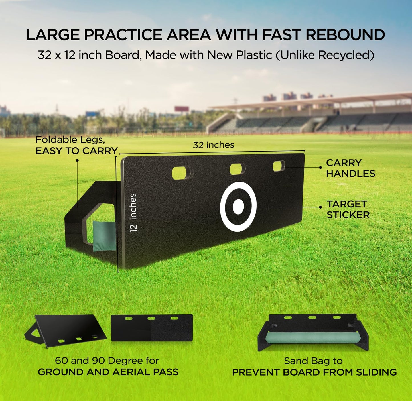 ZivPlay Soccer Rebounder Board Soccer Training Equipment Portable Wall Trainer for Kick Back Practice with 2 Ball Rebound Angles Includes Sand Bag 32 x 12 Inch