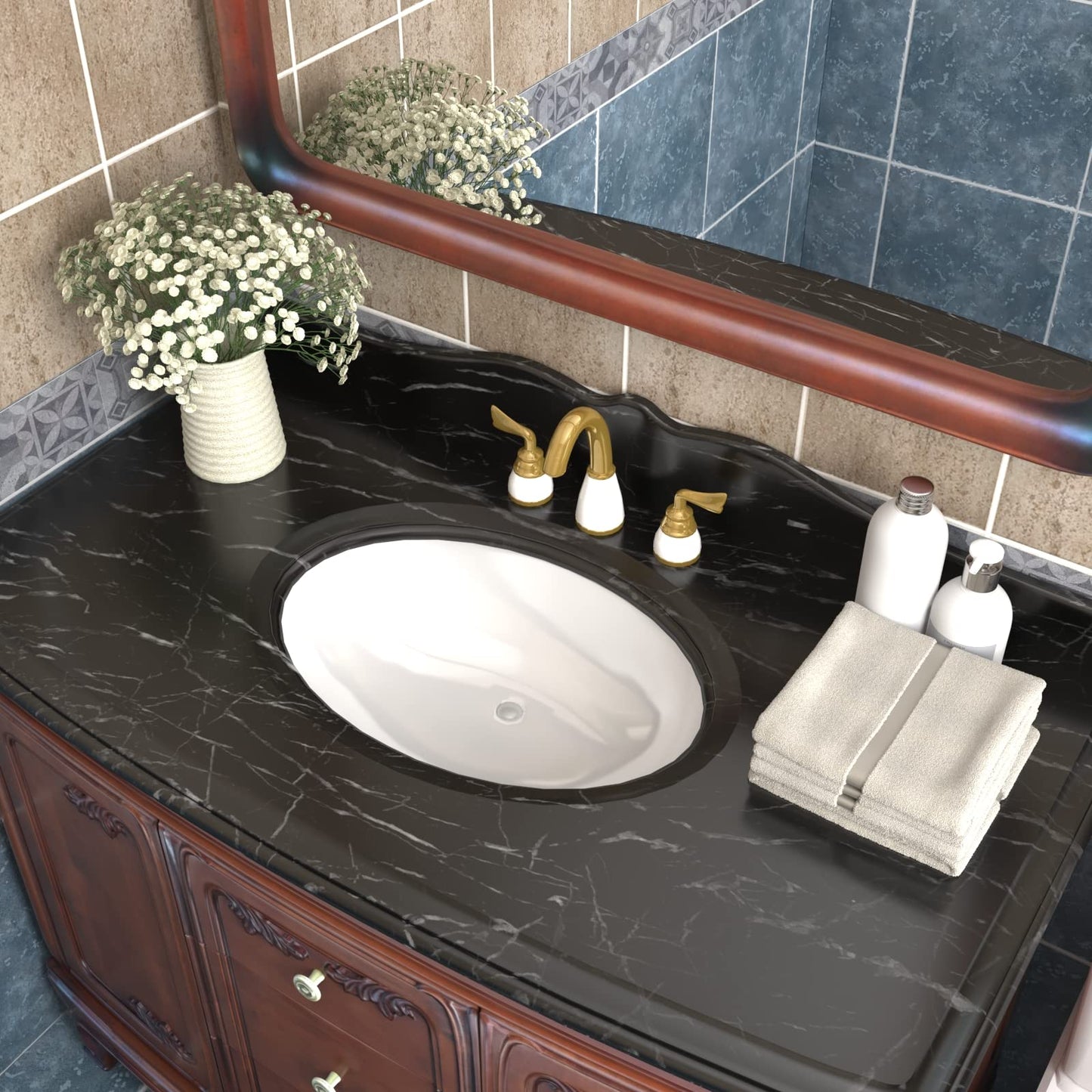 XRUIBZI Black Marble Wallpaper Peel and Stick 35.4'' x196'' Marble Contact Paper Countertop Peel and Stick Waterproof Black Self Adhesive Removable Wall Paper Cabinet Covering for Kitchen Home Décor