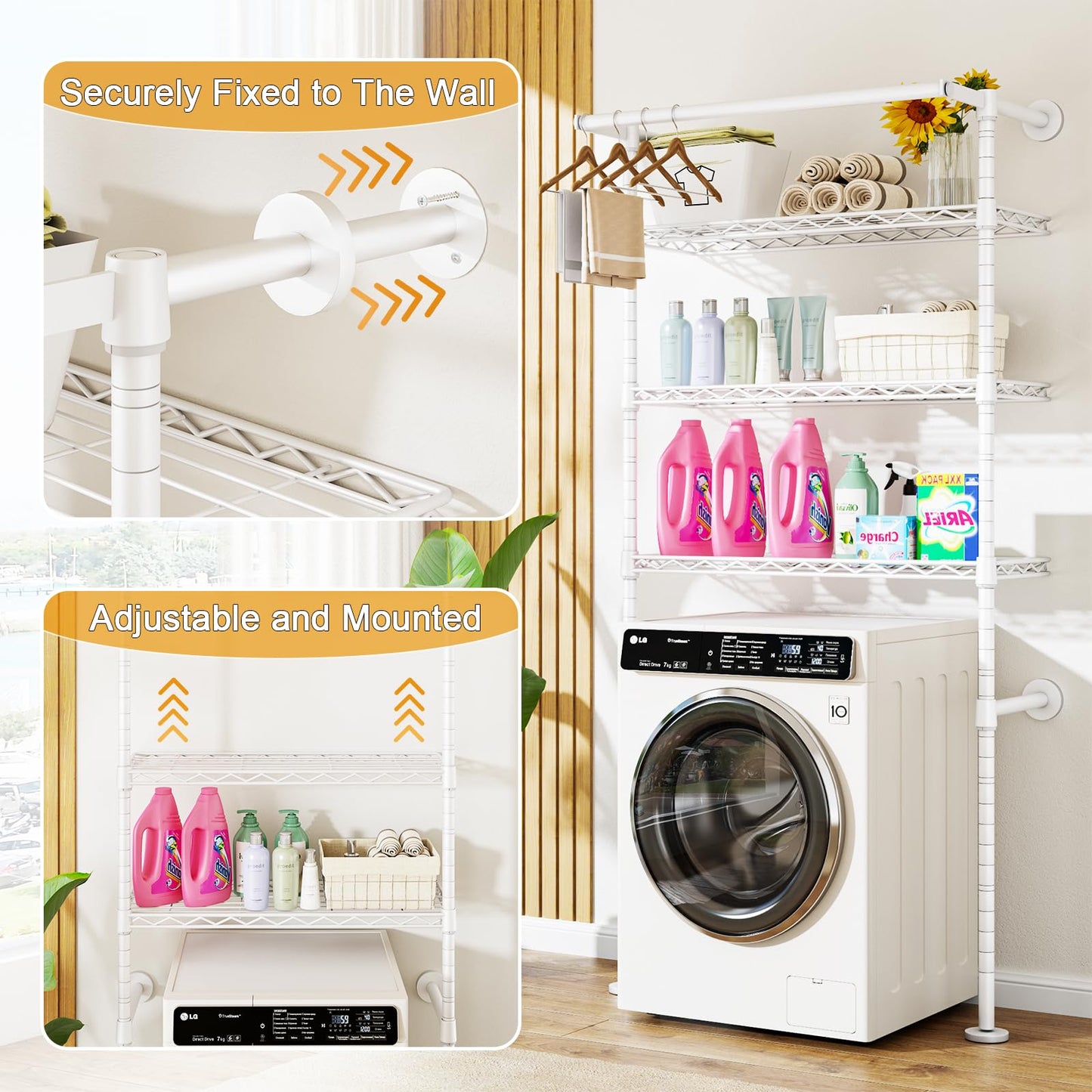 ULIFHOME U17 Wall-Mounted Over The Washer Dryer Shelves Without Moving Machines, Laundry Room Rack with Adjustable Shelves and Hanger Rod, 35" W x 22" D x 86.2" H, Holds 352 lbs, White